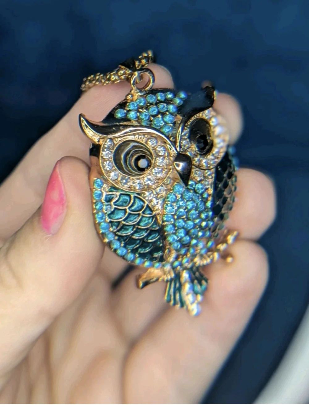 Jeweled Owl Pendant Gold Tone Adjustable 16